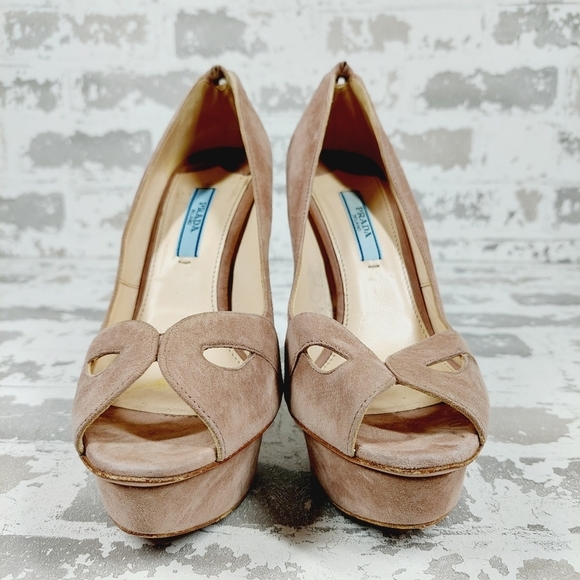 Prada Brown Tan Suede Slip On Platform Slip On Open Toe Cut Heels F937 - Picture 3 of 15